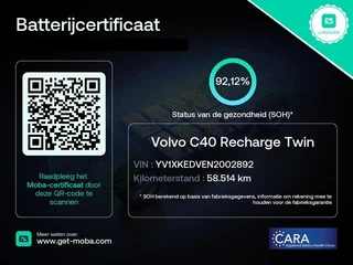Hoofdafbeelding Volvo C40 Volvo C40 RECHARGE TWIN INTRO AWD 78 KW/408 PK ACCU 92% BIJNA 2022.GARANTIE TOT 2032** 1800 KG TREKGEWICHT. PANODAK