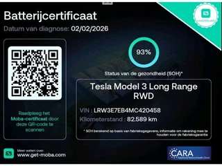 Tesla Model 3 Long Range AWD 75 kWh 93% SOH LFP