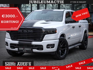 Dodge Ram Pick-Up PREMIUM NIGHT 2025 | BOM VOL + 14.4 INCH SCHERM | LUCHTVERING | HUD | HURRICAN 420PK 636 Nm | PRIJS MET LPG EN COVER EN GARANTIE | DUBBELE CABINE | PICK UP | 5 PERSOONS | DC | GRIJSKENTEKEN | PW7 BRIGHT WHITE | VOORRAAD NR 2230 - 8765